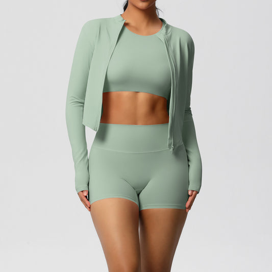 Nude Feel Zipper Jacket, Top & Shorts Set